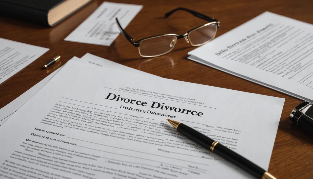 Documents de divorce posés sur un bureau avec un stylo et des lunettes