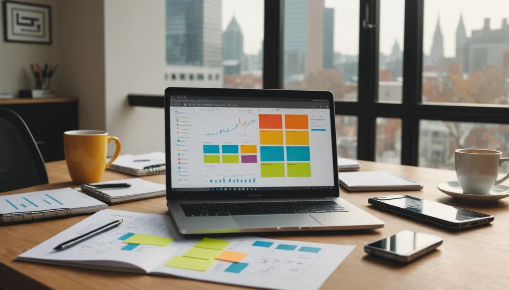 Ordinateur portable affichant des graphiques et tableaux de bord sur un bureau de cabinet d'avocats